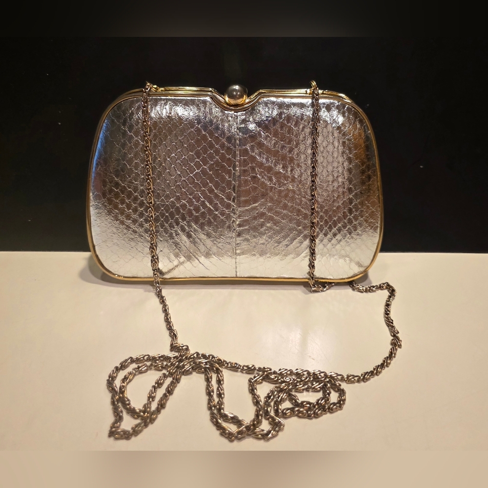 Vintage Pantera Silver Snakeskin Style Hard Body Crossbody Gold Trim 8.5"×5"